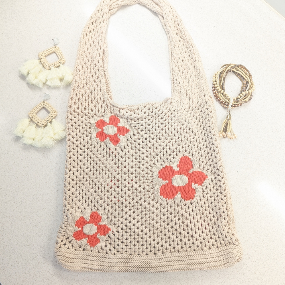 Boho"Bundle",X3 Cream and Coral Floral Tote Bag wth Fringe Earrings/Bead Bracele